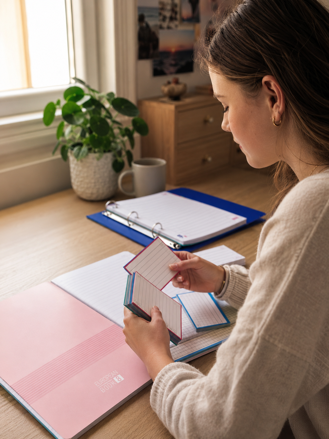 Scholiere sorteert Oxford flashcards op studeerbureau met roze Oxford schrift — schoolspullen middelbare school