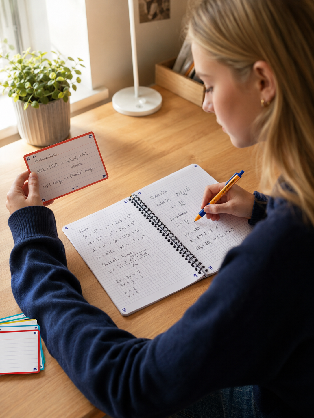 Blonde scholiere studeert voor wiskunde toets met Oxford flashcards, STABILO pen en ruitjesschrift — middelbare school